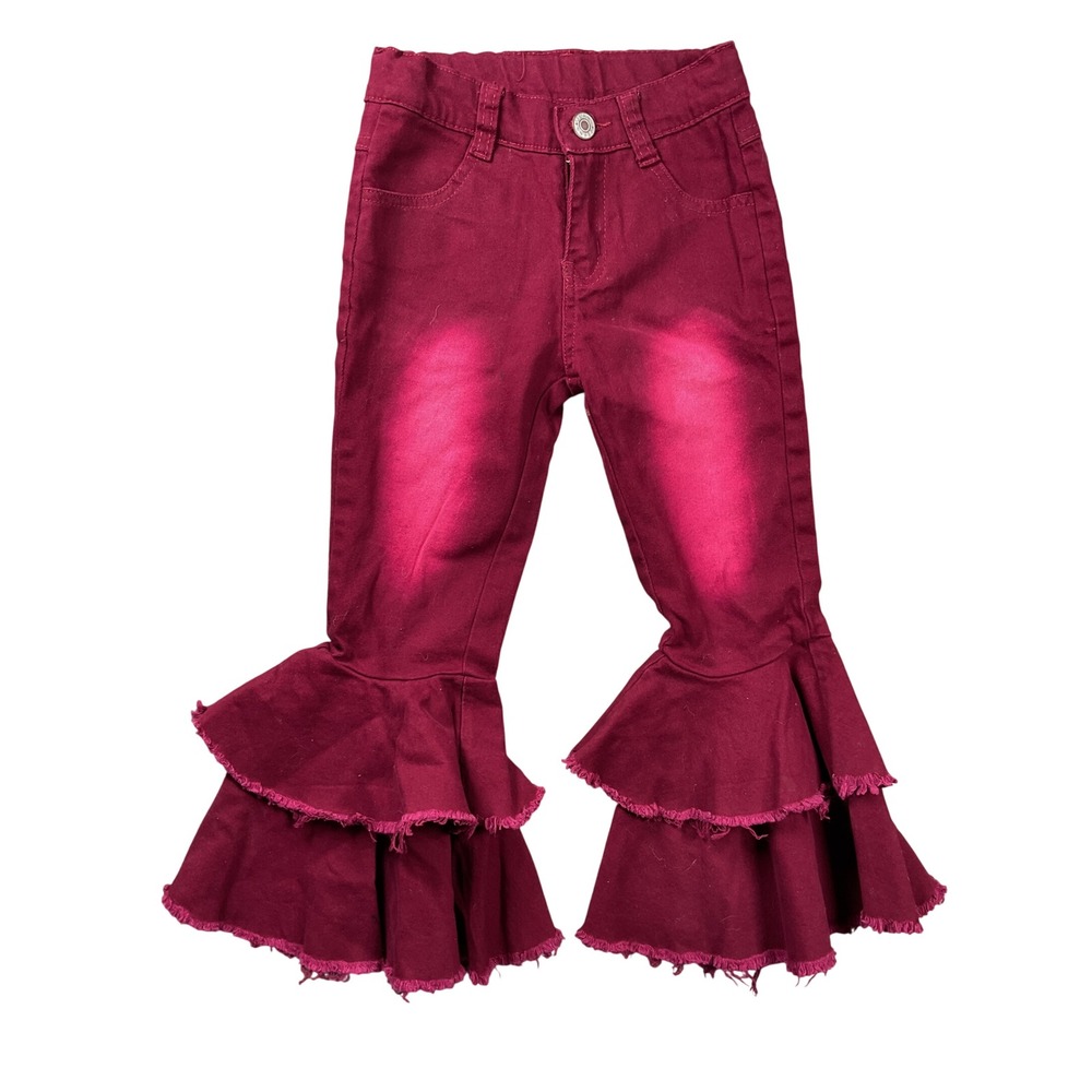S Jeans Ruffle Bell Bottom Pants Toddler 4T Burgundy Double Flare Frayed Hem